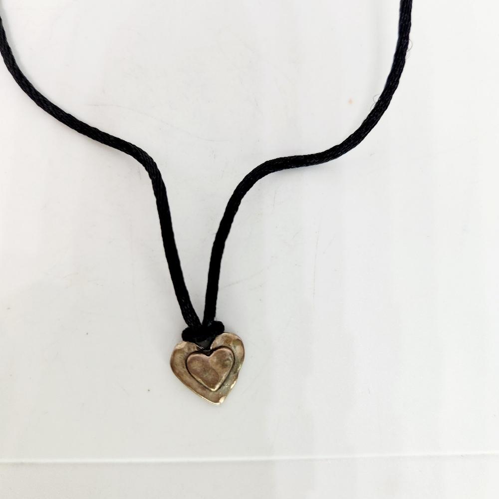 Vtg Sterling Silver .925 Dainty Heart Pendant on Black Cord Necklace Rustic